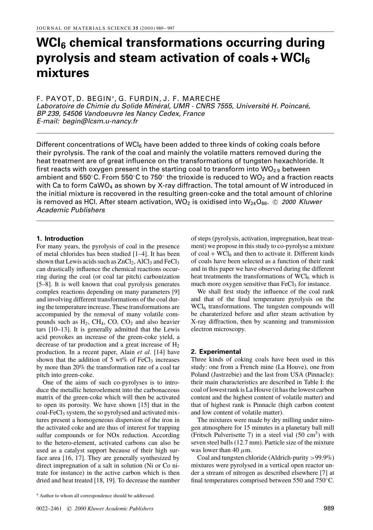 WCl6 chemical transformations occurring during pyrolysis and steam activation of coals + WCl6 mixtures by Unknown