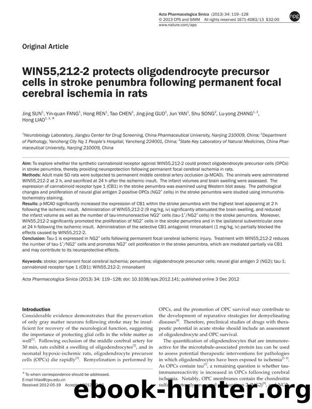 WIN55,212-2 protects oligodendrocyte precursor cells in stroke penumbra following permanent focal cerebral ischemia in rats by unknow