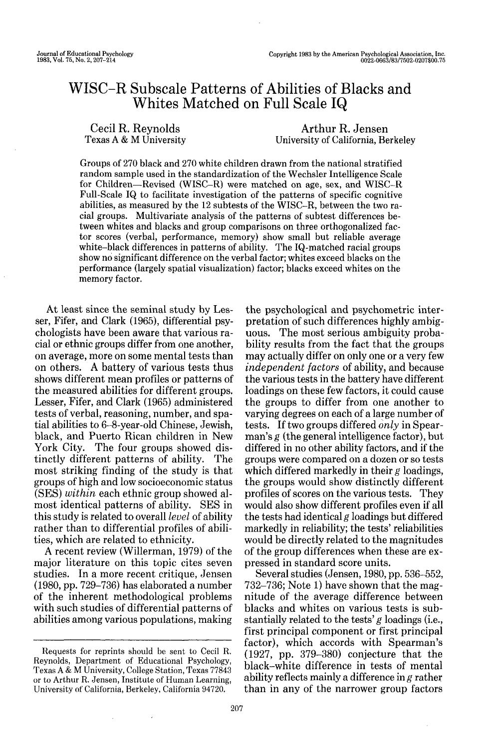 WISC-R Subscale Patterns of Abilities of Blacks and Whites Matched on Full Scale IQ (1983) by Cecil R. Reynolds & Arthur Robert Jensen by Unknown