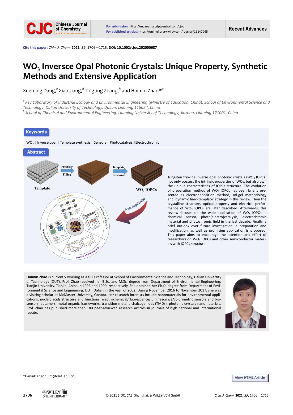 WO3 Inverse Opal Photonic Crystals: Unique Property, Synthetic Methods and Extensive Application by USER