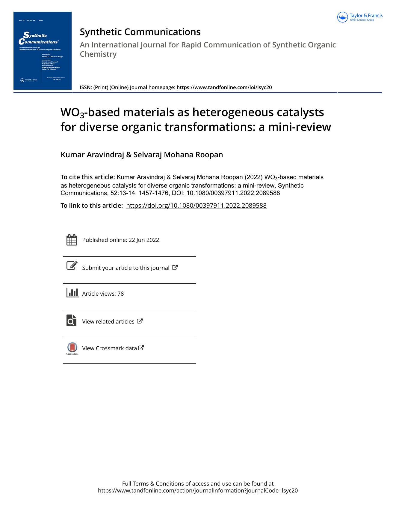 WO3-based materials as heterogeneous catalysts for diverse organic transformations: a mini-review by Aravindraj Kumar & Mohana Roopan Selvaraj