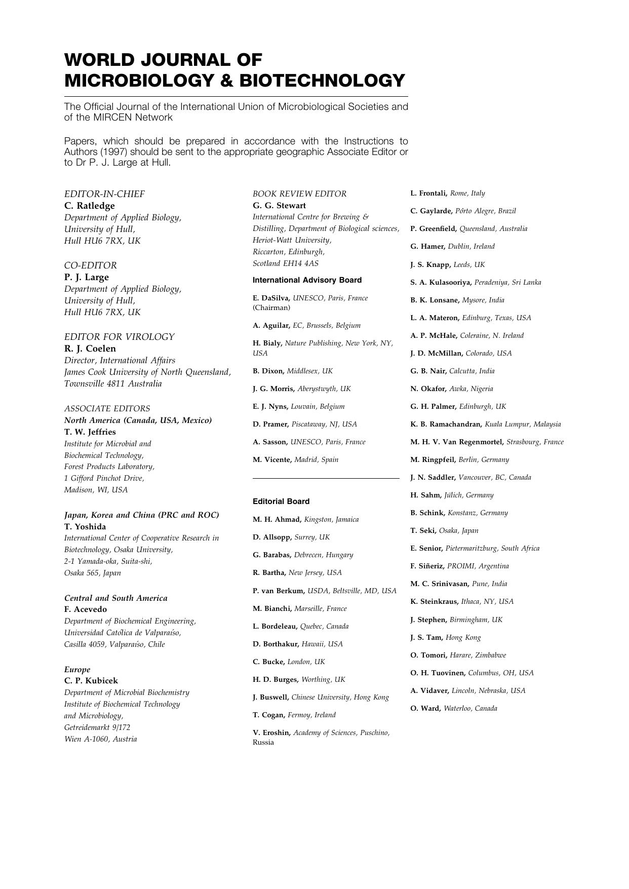 WORLD JOURNALS OF MICROBIOLOGY &amp; BIOTECHNOLOGY by Unknown