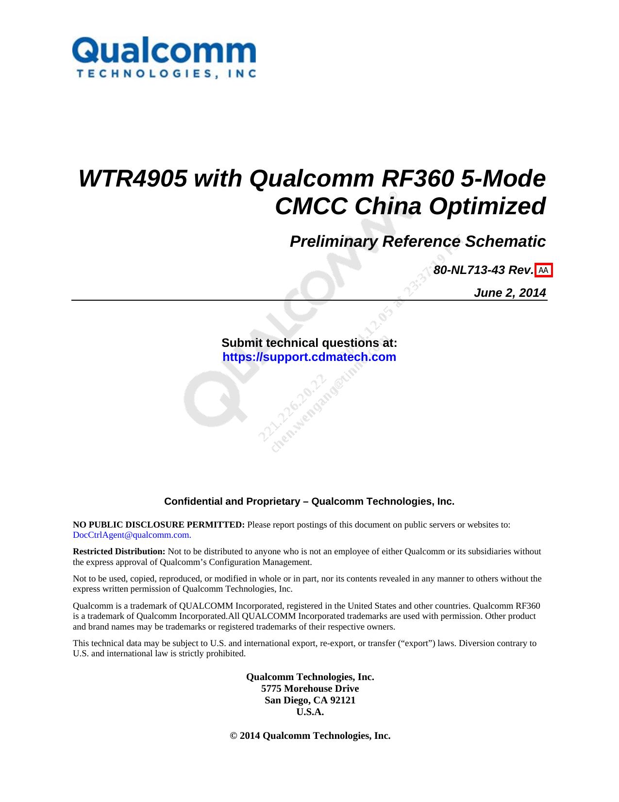 WTR4905 with Qualcomm RF360 5-Mode CMCC China Optimized Preliminary Reference Schematic by Qualcomm Technologies Inc