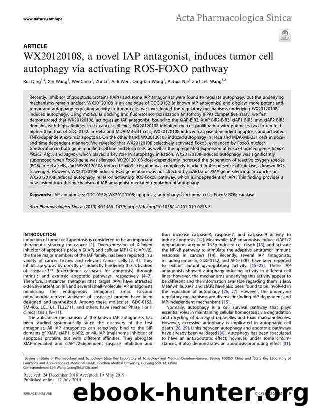 WX20120108, a novel IAP antagonist, induces tumor cell autophagy via activating ROS-FOXO pathway by Rui Ding & Xin Wang & Wei Chen & Zhi Li & Ai-li Wei & Qing-bin Wang & Ai-hua Nie & Li-li Wang