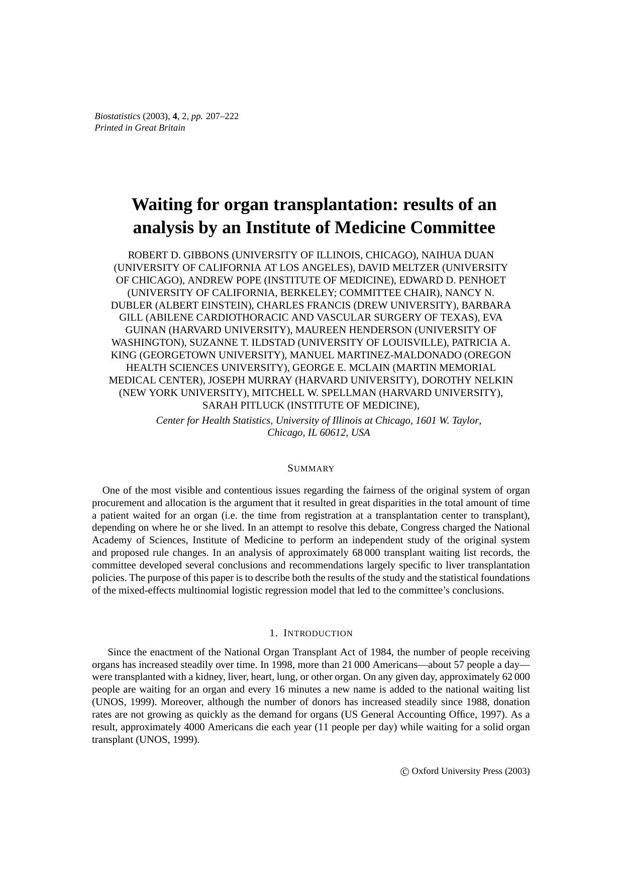 Waiting for organ transplantation results of an analysis by an Institute of Medicine Committee by Gibbons R.D. Duan N