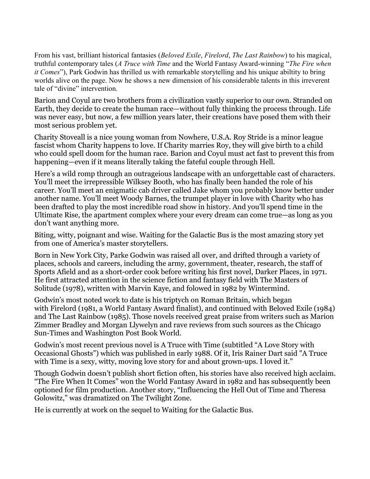 Waiting for the Galactic Bus by Parke Godwin