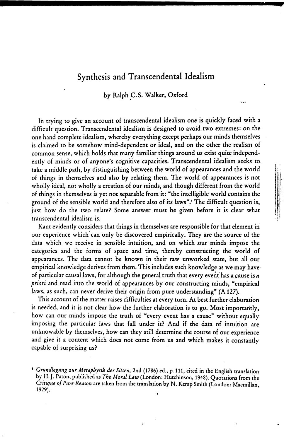 Walker Synthesis and Transcendental Idealism by Unknown