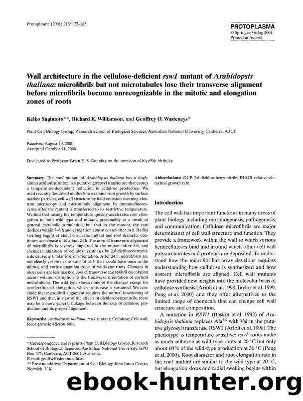 Wall architecture in the cellulose-deficient <Emphasis Type="Italic">rsw1 <Emphasis> mutant of <Emphasis Type="Italic">Arabidopsis thaliana <Emphasis>: Microfibrils but not microtu by Unknown
