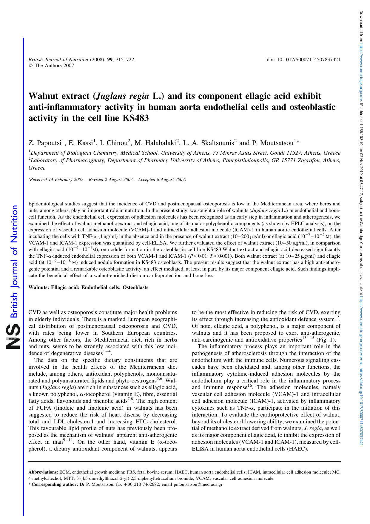 Walnut extract ( Juglans regia L.) and its component ellagic acid exhibit anti-inflammatory activity in human aorta endothelial cells and osteoblastic activity in the cell line KS483 by Z. Papoutsi E. Kassi I. Chinou M. Halabalaki L. A. Skaltsounis P. Moutsatsou