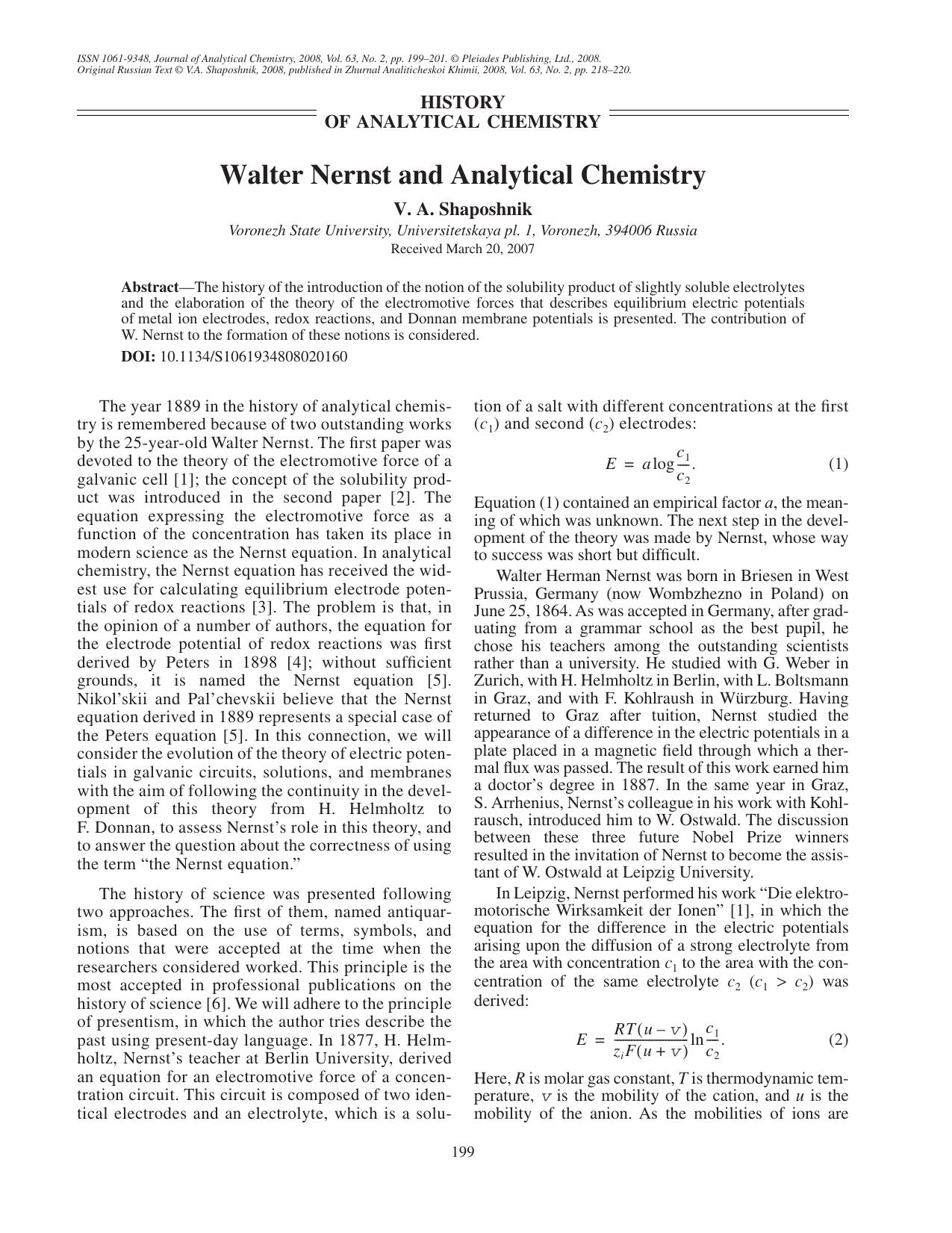 Walter Nernst and analytical chemistry by Walter Nernst & analytical chemistry