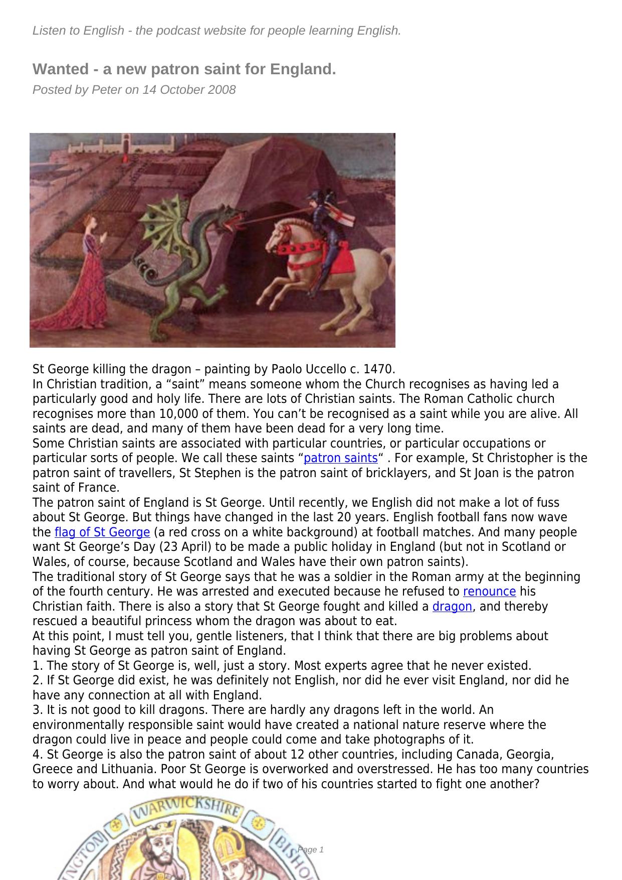 Wanted - a new patron saint for England. by Peter