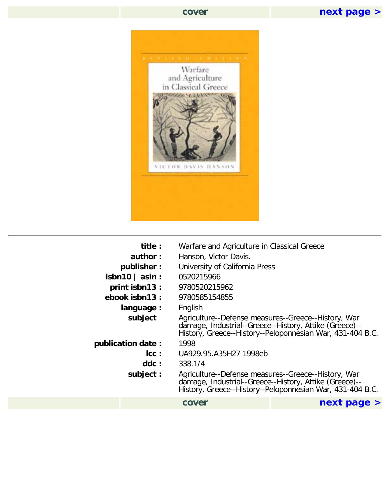 Warfare and Agriculture in Classical Greece, Revised edition (Biblioteca Di Studi Antichi, 40) by Victor Davis Hanson