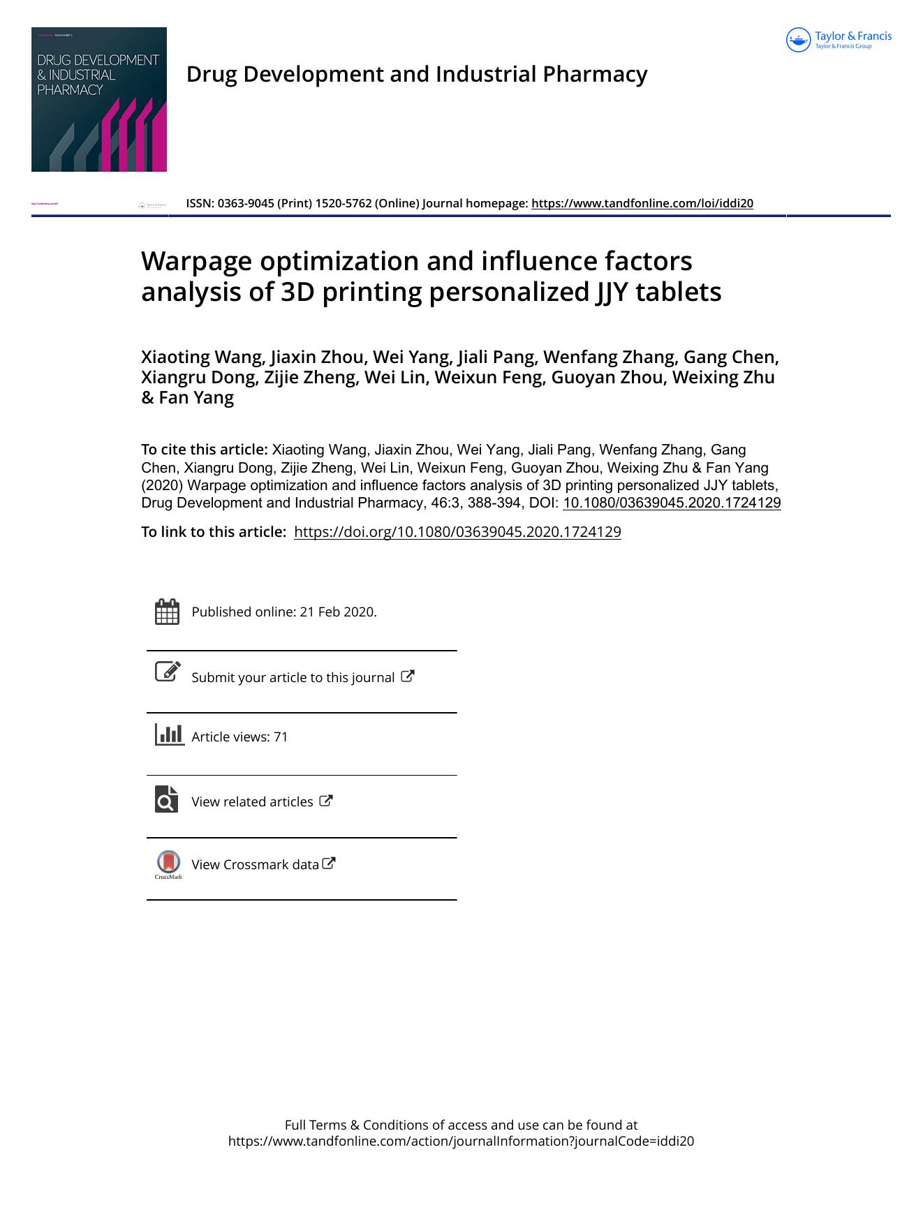 Warpage optimization and influence factors analysis of 3D printing personalized JJY tablets by unknow