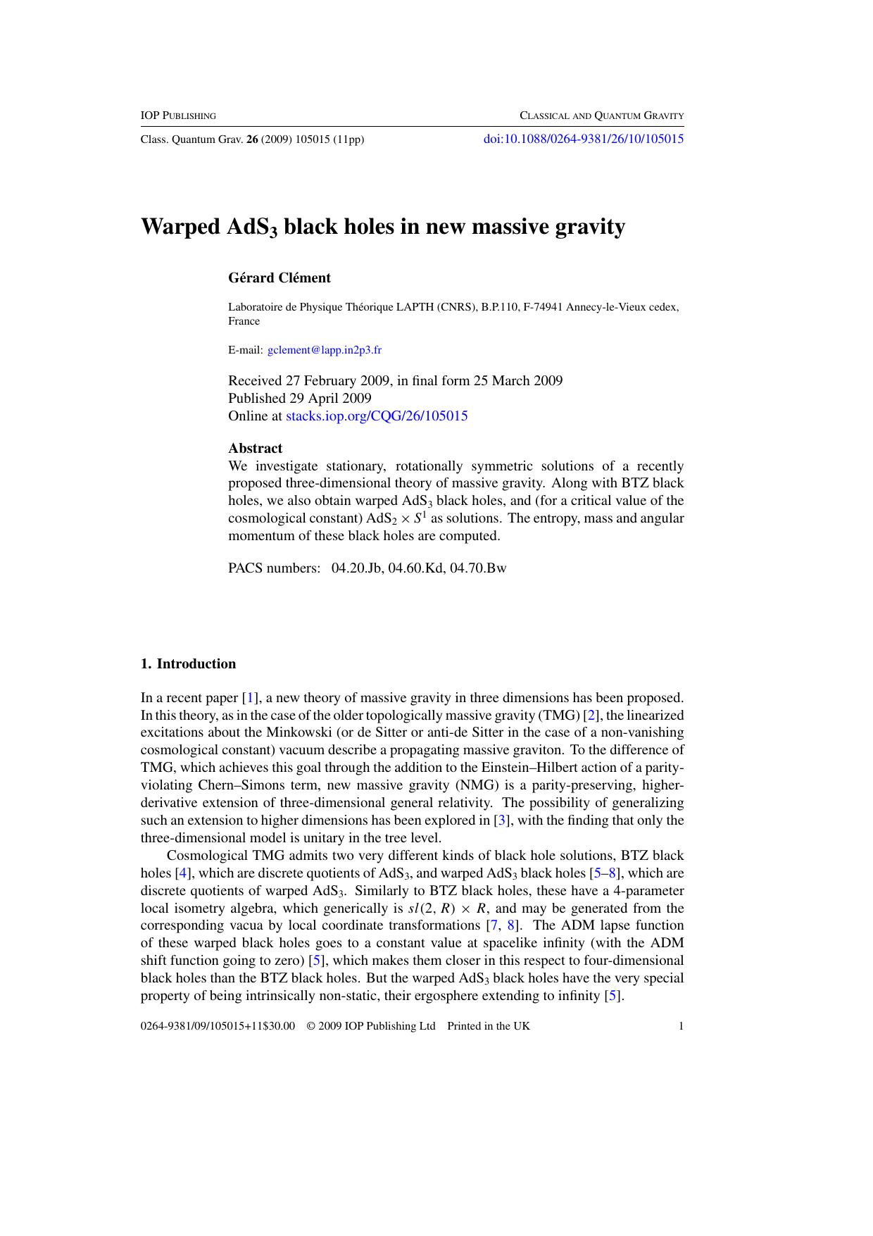 Warped AdS3 black holes in new massive gravity by G ClÈment