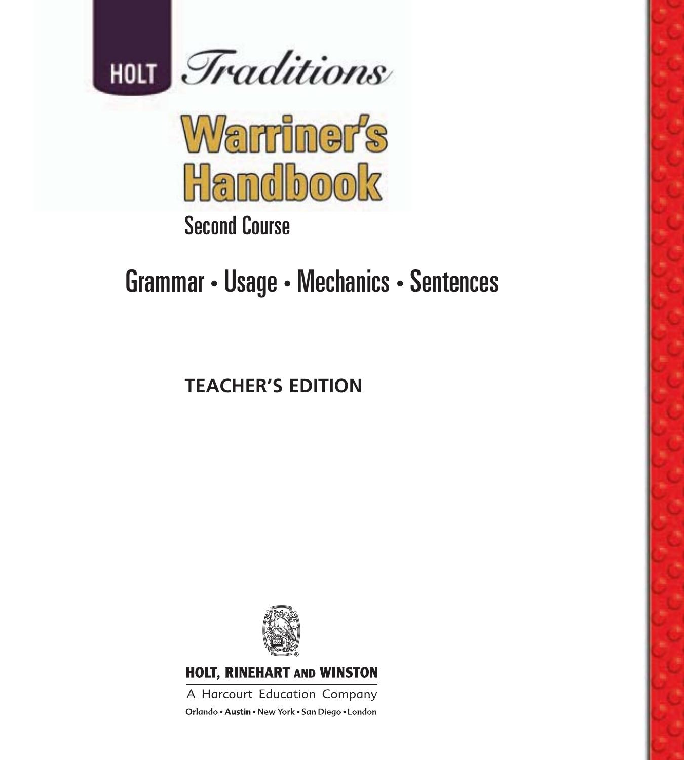 Warriner's handbook: second course : grammar, usage, mechanics, sentences (Teacher's edition) by John E. Warriner