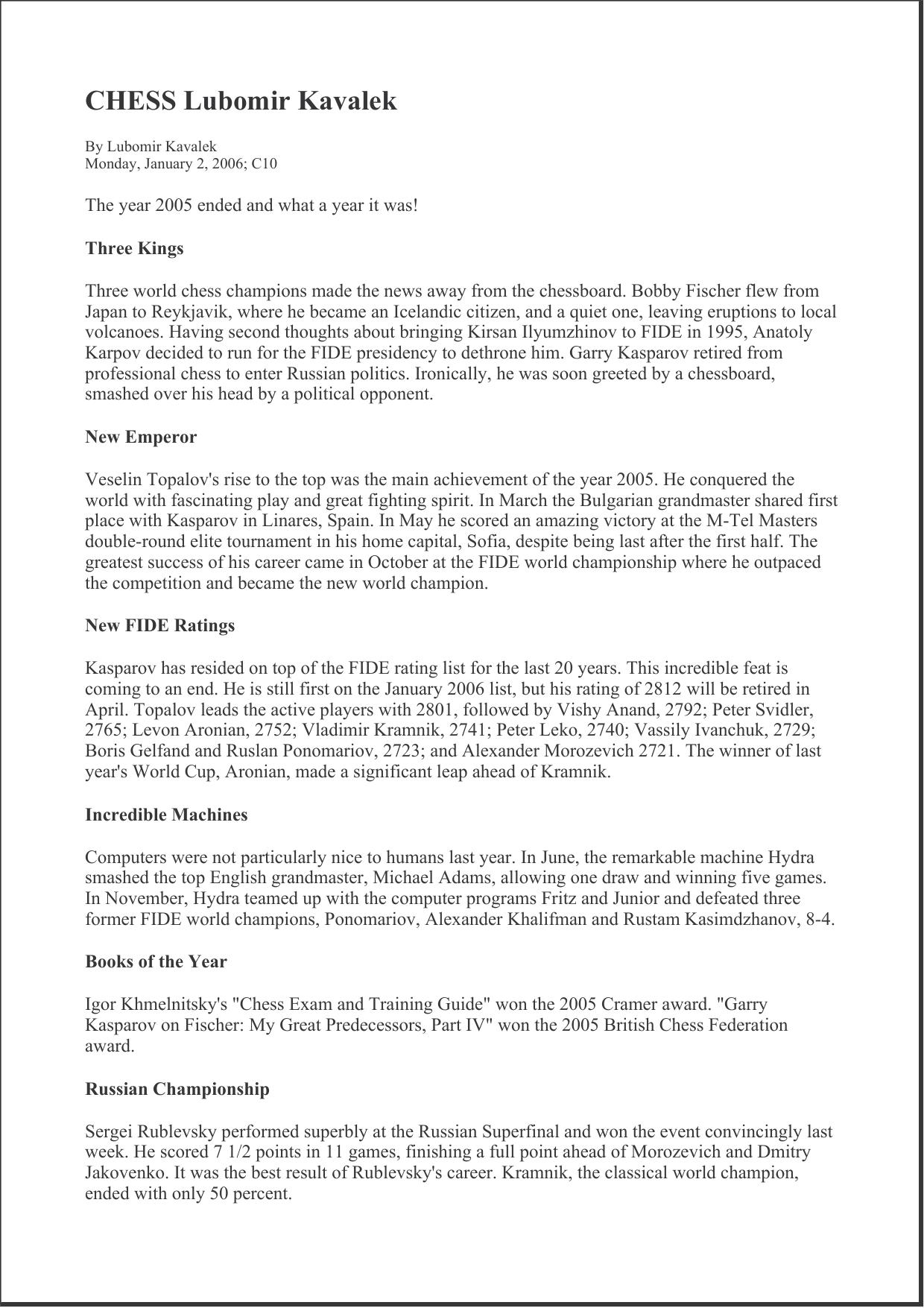 Washington Post Chess Column by Lubomir Kavalek