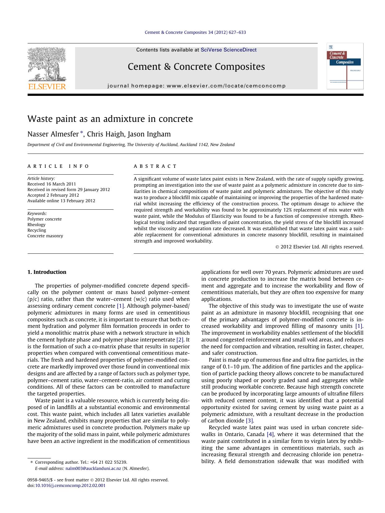 Waste paint as an admixture in concrete by Nasser Almesfer & Chris Haigh & Jason Ingham