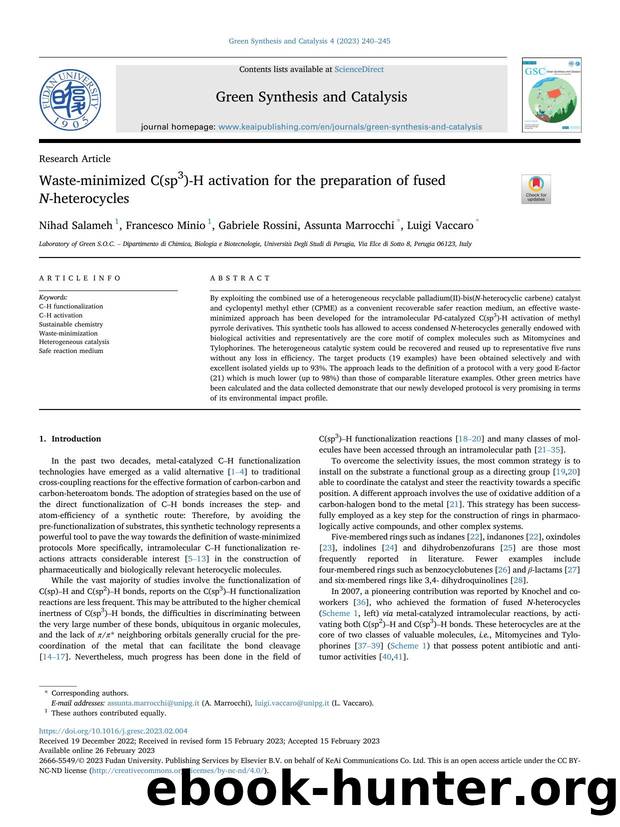 Waste-minimized C(sp3)-H activation for the preparation of fused N-heterocycles by Nihad Salameh & Francesco Minio & Gabriele Rossini & Assunta Marrocchi & Luigi Vaccaro