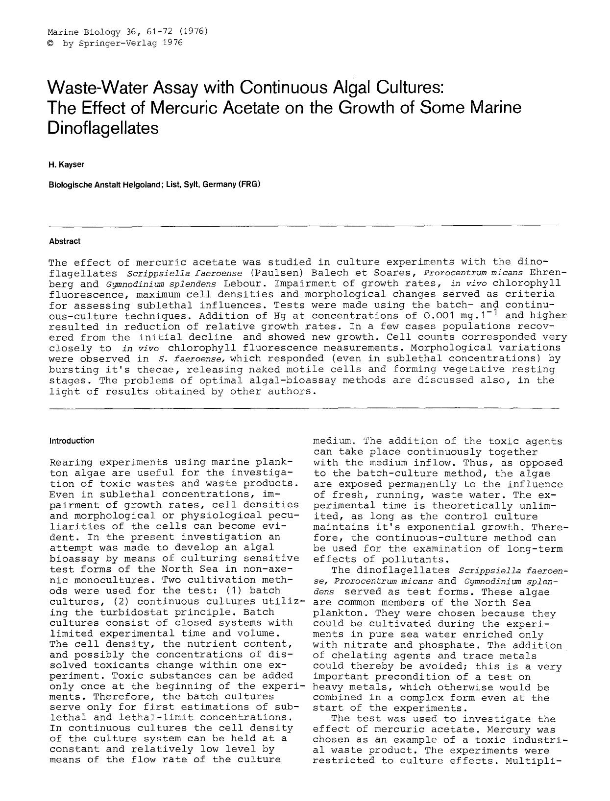 Waste-water assay with continuous algal cultures: The effect of mercuric acetate on the growth of some marine dinoflagellates by Unknown