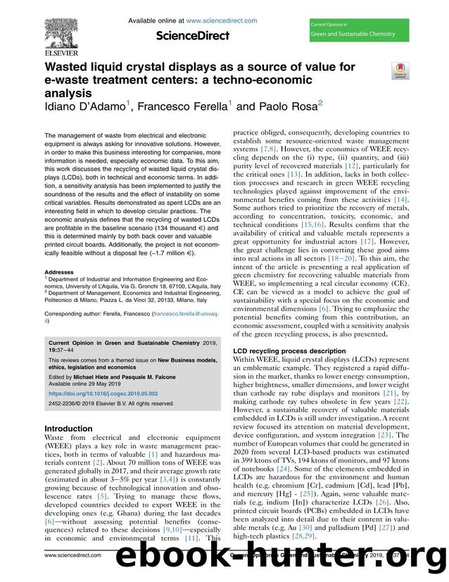 Wasted liquid crystal displays as a source of value for e-waste treatment centers: a techno-economic analysis by Idiano D'Adamo & Francesco Ferella & Paolo Rosa
