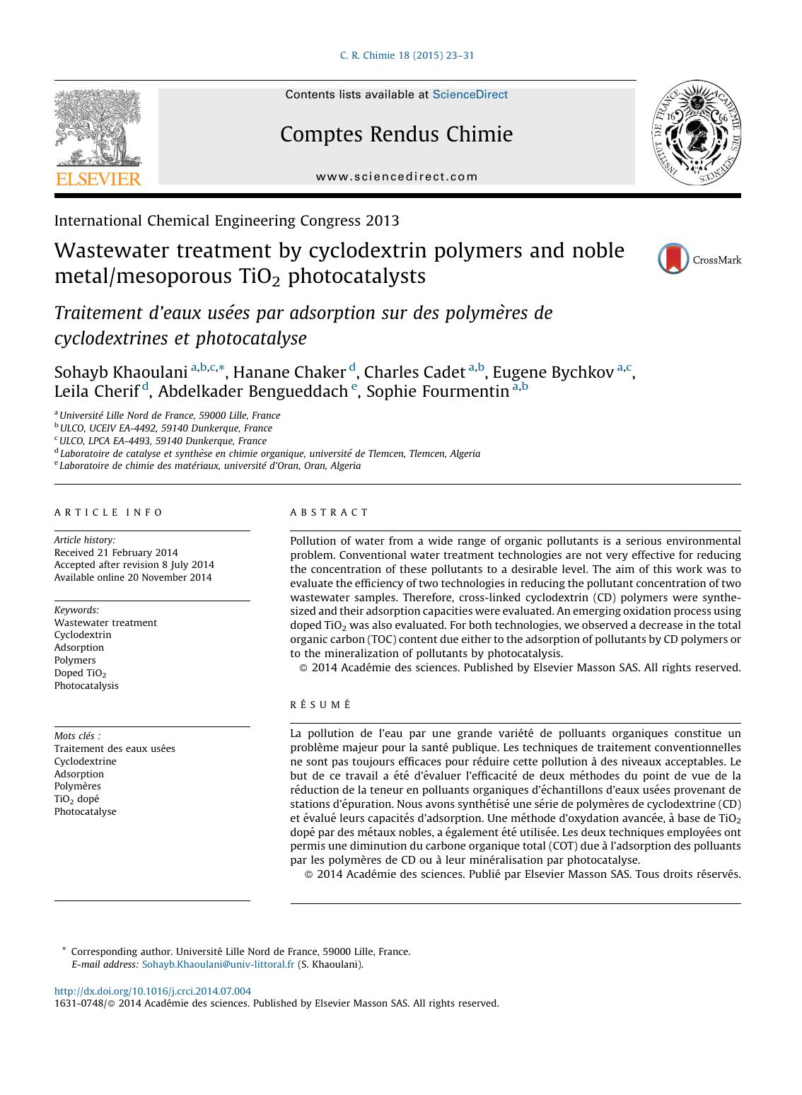 Wastewater treatment by cyclodextrin polymers and noble metalmesoporous TiO2 photocatalysts by unknow