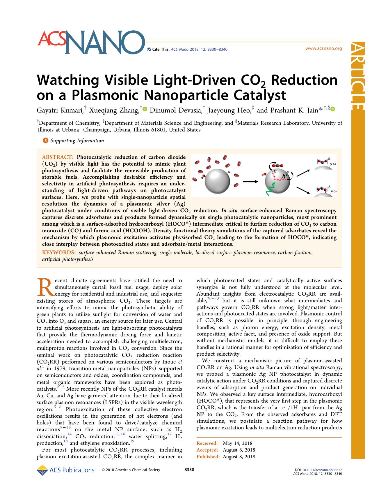 Watching Visible Light-Driven CO2 Reduction on a Plasmonic Nanoparticle Catalyst by Gayatri Kumari Xueqiang Zhang Dinumol Devasia Jaeyoung Heo and Prashant K. Jain