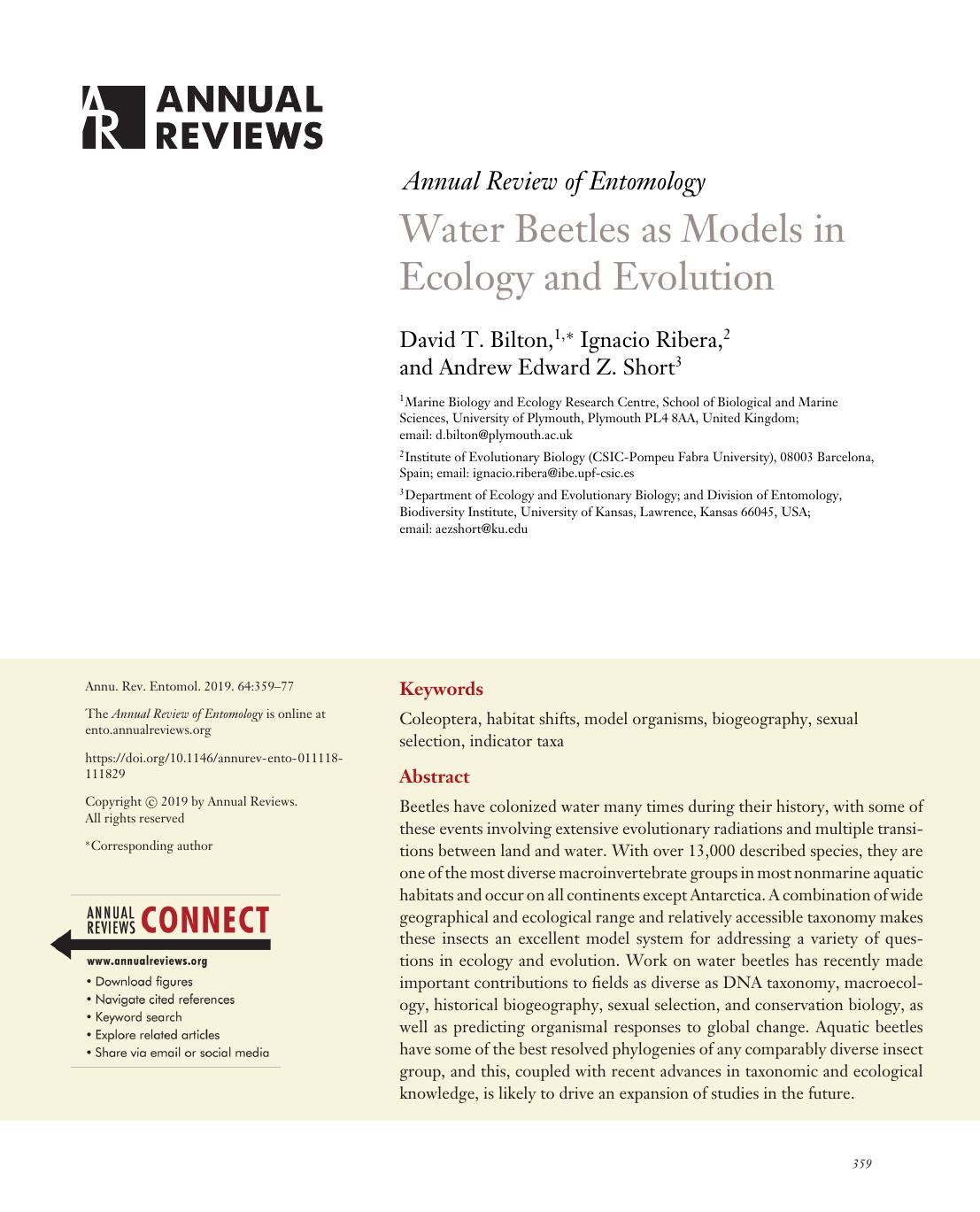 Water Beetles as Models in Ecology and Evolution by David T. Bilton Ignacio Ribera Andrew Edward Z. Short
