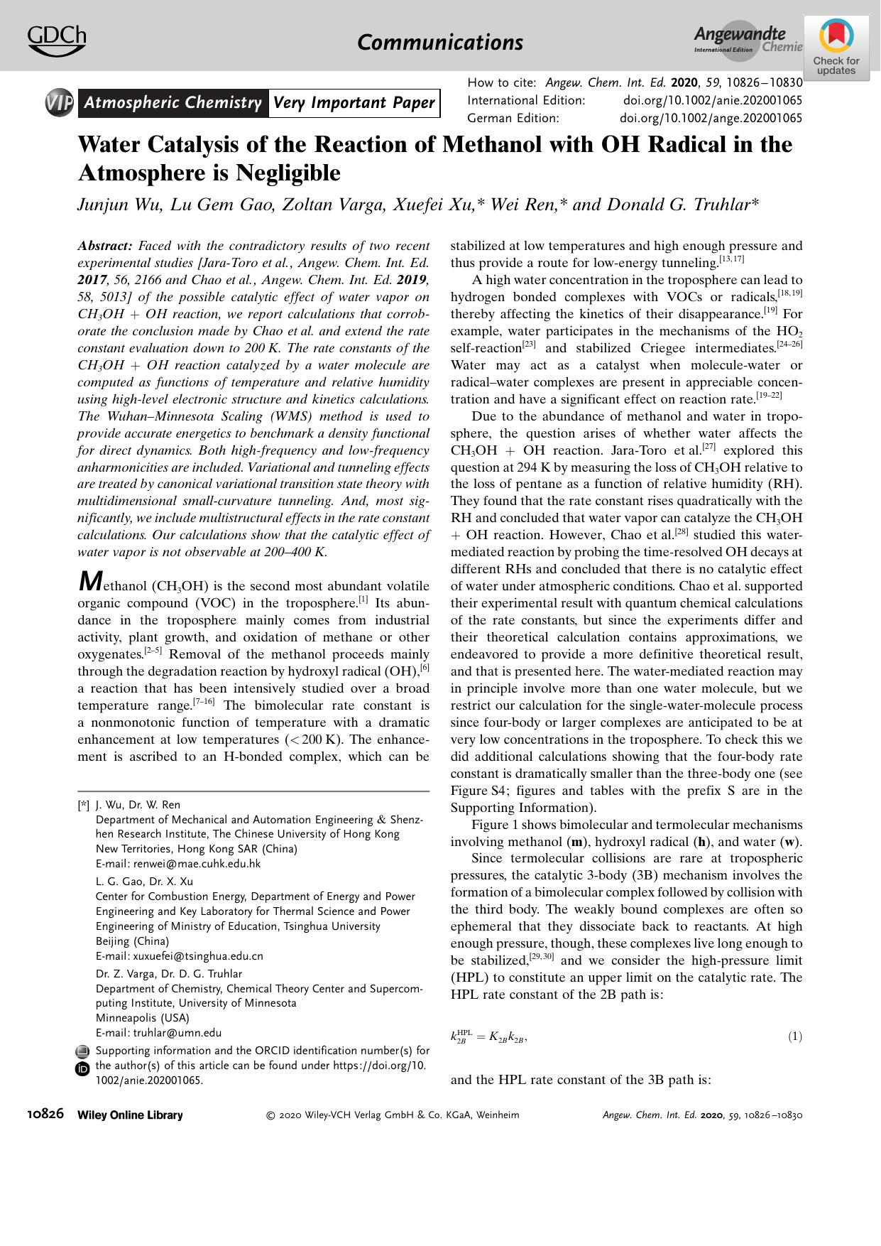 Water Catalysis of the Reaction of Methanol with OH Radical in the Atmosphere is Negligible by Unknown