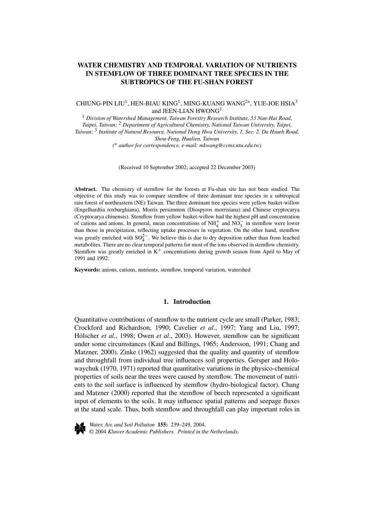 Water Chemistry and Temporal Variation of Nutrients in Stemflow of Three Dominant Tree Species in the Subtropics of the Fu-Shan Forest by Unknown