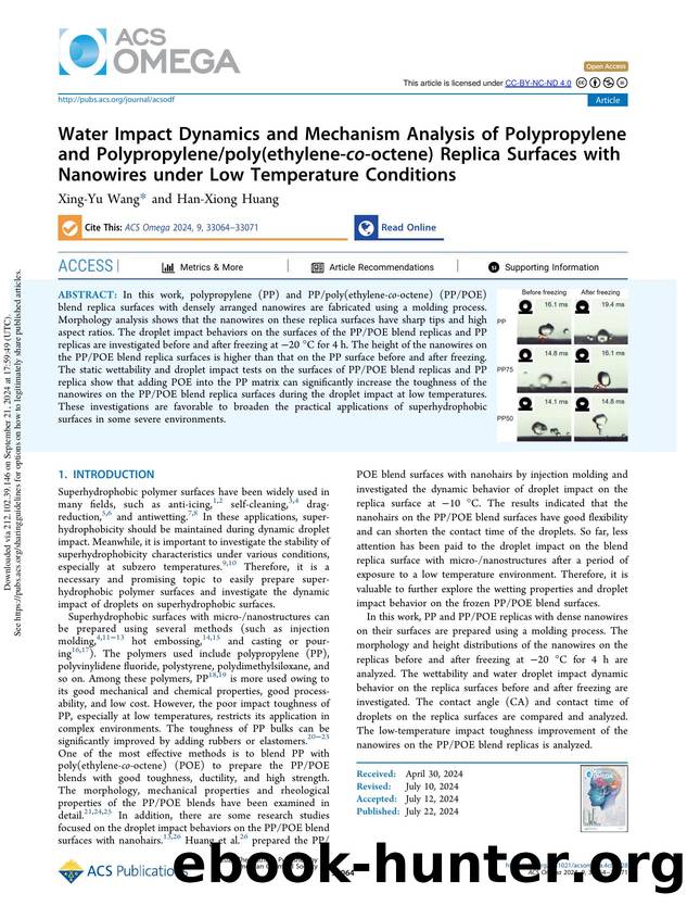 Water Impact Dynamics and Mechanism Analysis of Polypropylene and Polypropylenepoly(ethylene-co-octene) Replica Surfaces with Nanowires under Low Temperature Conditions by Xing-Yu Wang & Han-Xiong Huang