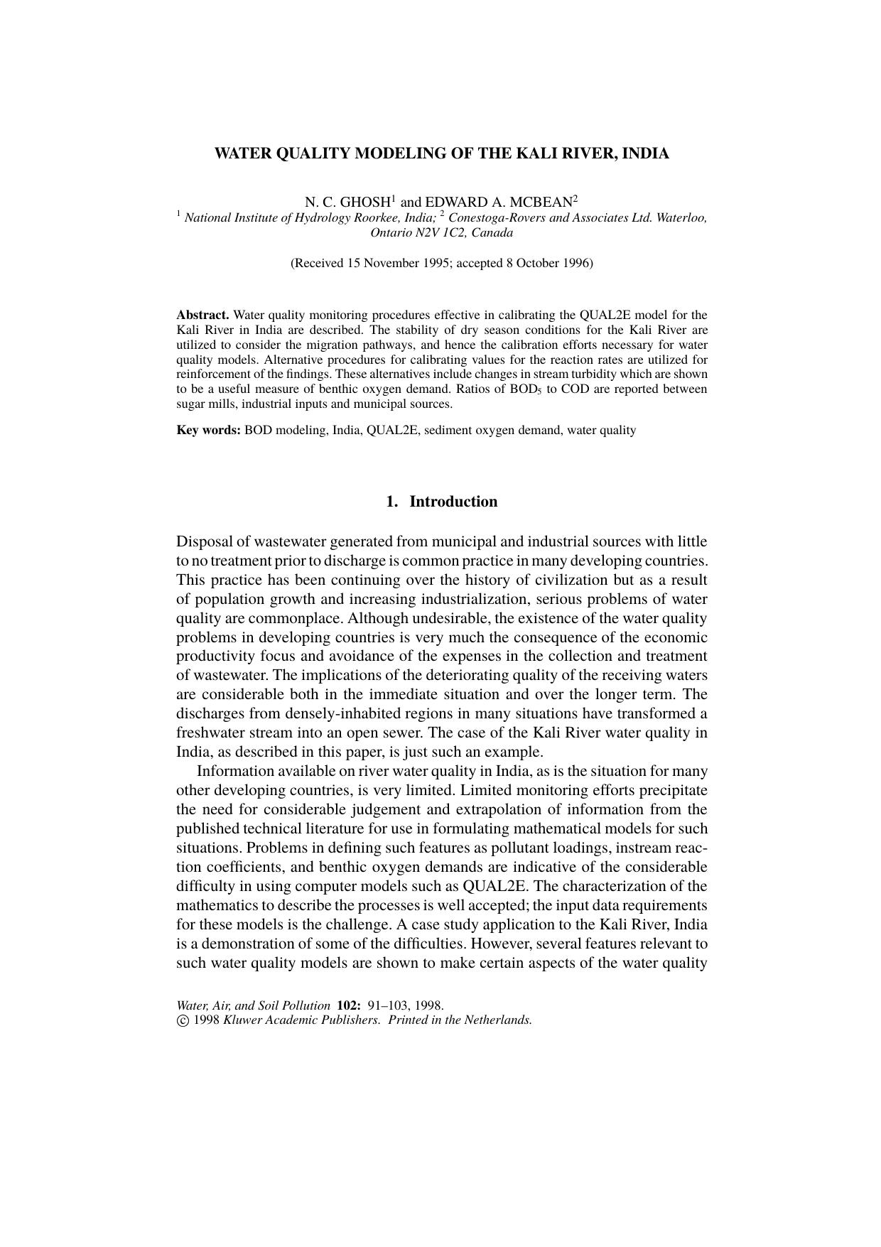 Water Quality Modeling of the Kali River, India by Unknown
