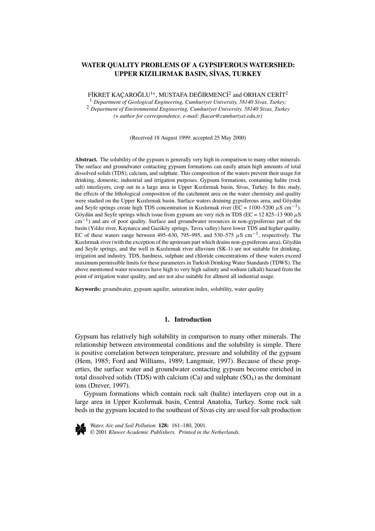 Water Quality Problems of a Gypsiferous Watershed: Upper Kizilirmak Basin, Sivas, Turkey by Unknown