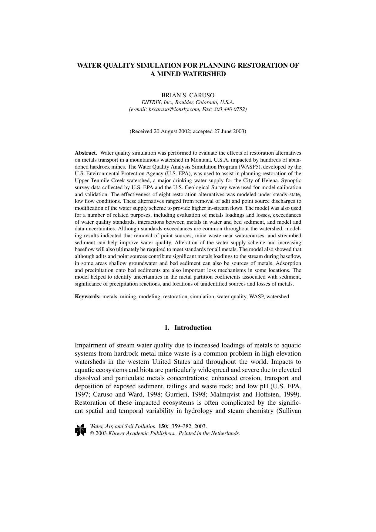 Water Quality Simulation for Planning Restoration of a Mined Watershed by Unknown