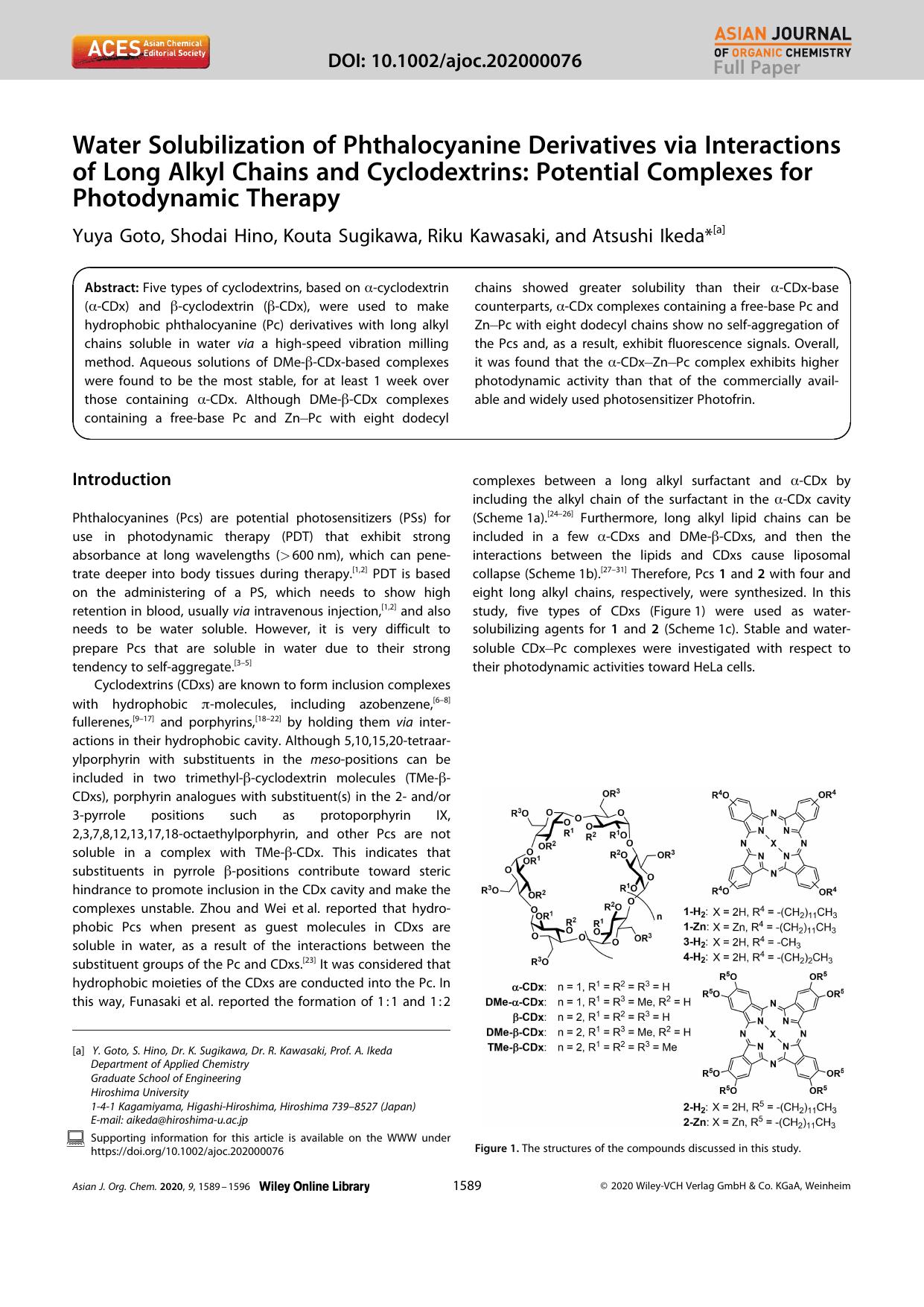 Water Solubilization of Phthalocyanine Derivatives via Interactions of Long Alkyl Chains and Cyclodextrins: Potential Complexes for Photodynamic Therapy by Unknown
