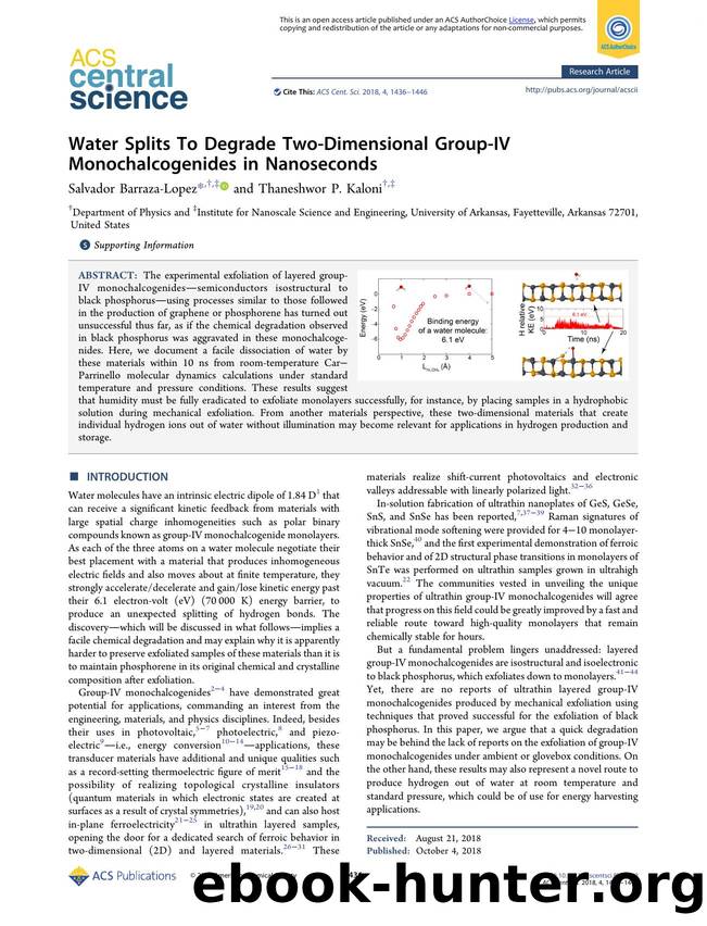 Water Splits To Degrade Two-Dimensional Group-IV Monochalcogenides in Nanoseconds by Salvador Barraza-Lopez (ORCID: 0000-0002-4301-3317) & Thaneshwor P. Kaloni