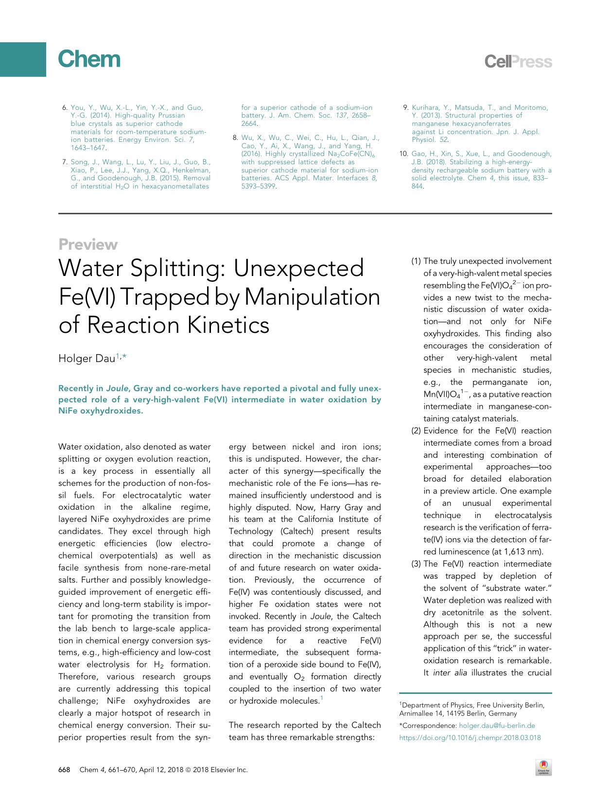 Water Splitting: Unexpected Fe(VI) Trapped by Manipulation of Reaction Kinetics by Holger Dau