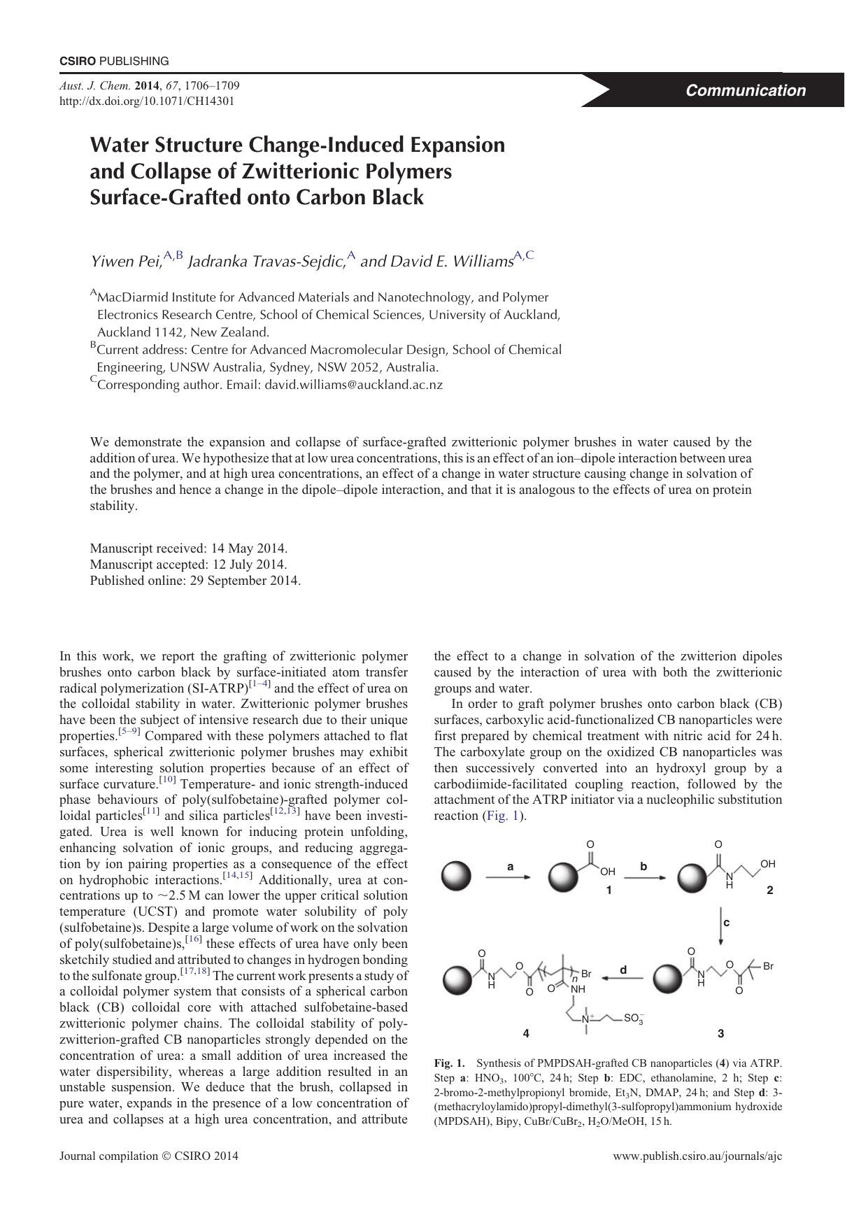 Water Structure Change-Induced Expansion and Collapse of Zwitterionic Polymers Surface-Grafted onto Carbon Black by Y. Pei & J. Travas-Sejdic & and D. E. Williams