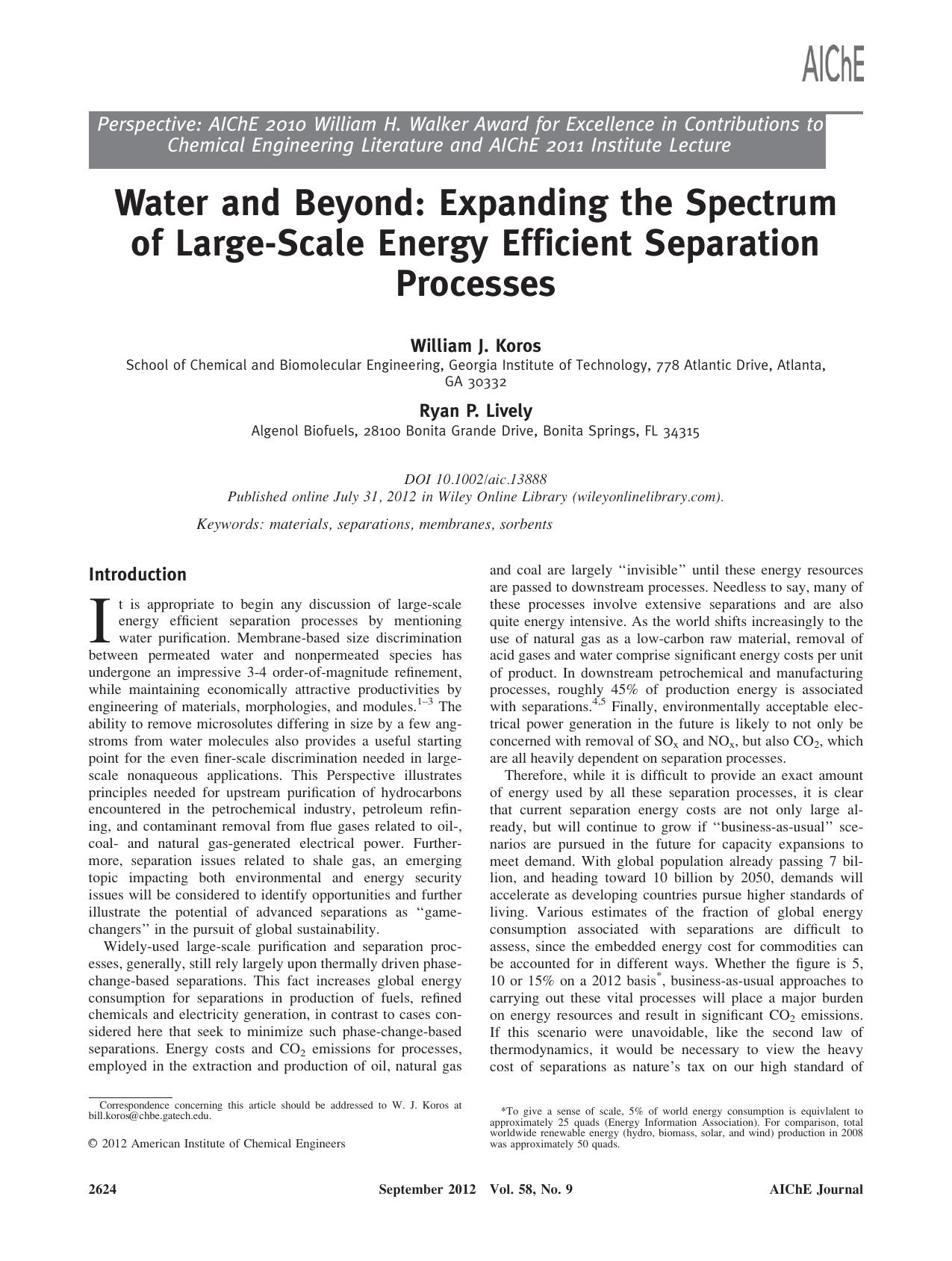 Water and beyond: Expanding the spectrum of largescale energy efficient separation processes by Unknown