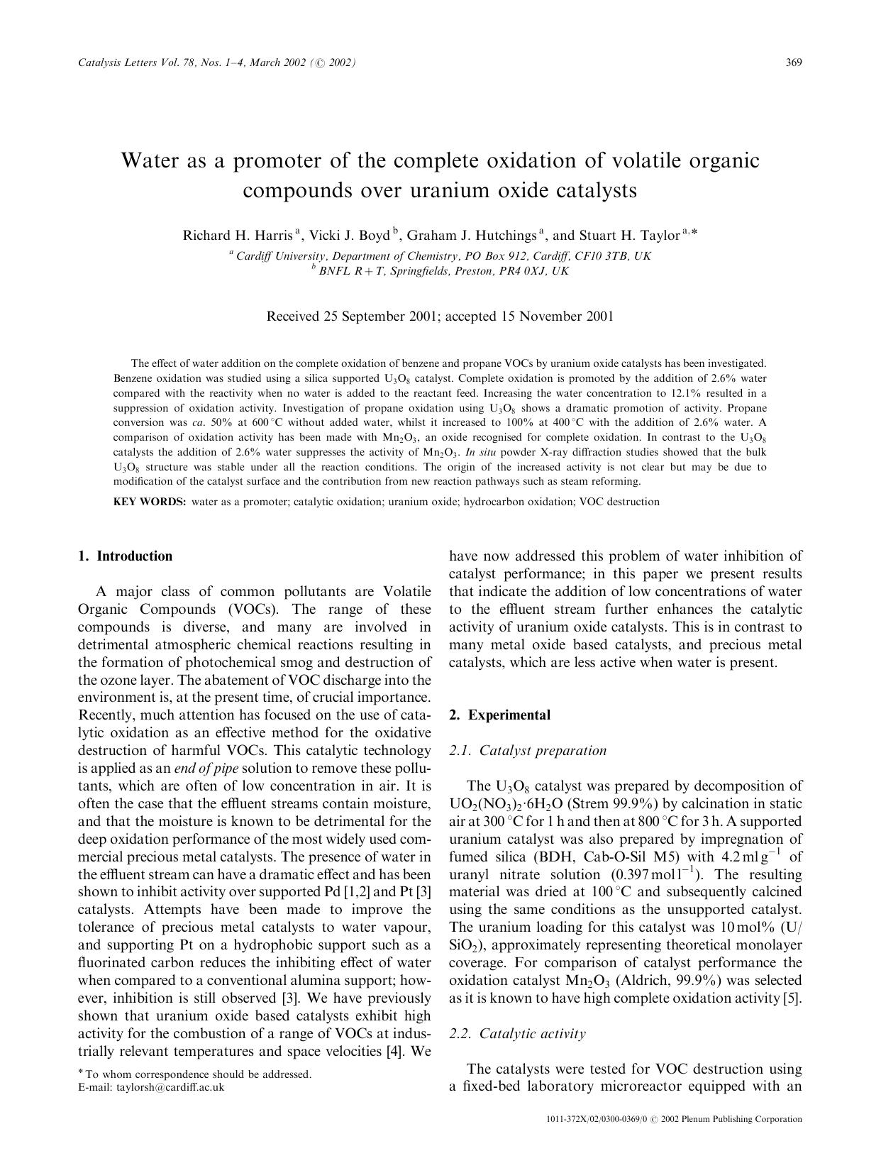 Water as a Promoter of the Complete Oxidation of Volatile Organic Compounds over Uranium Oxide Catalysts by Unknown