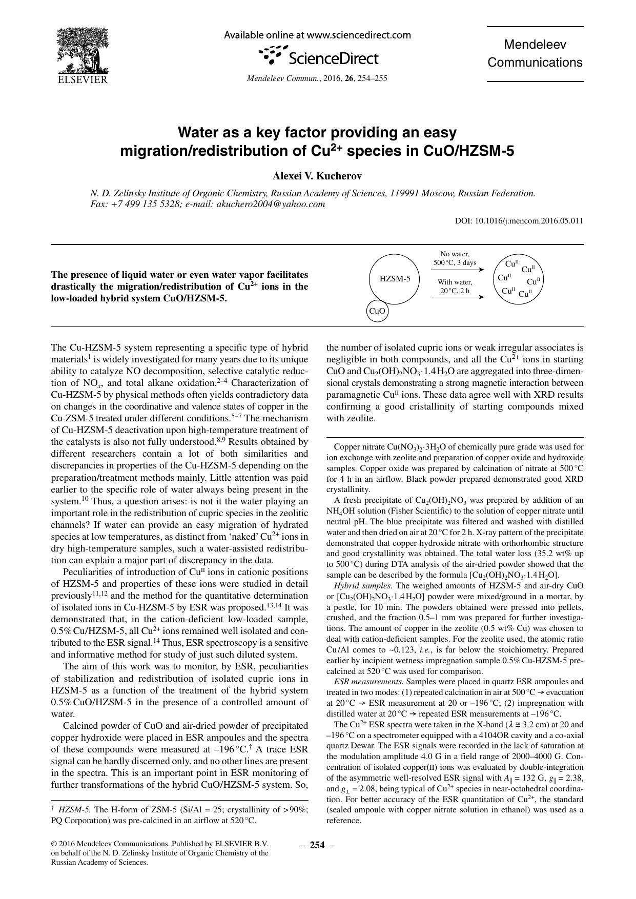Water as a key factor providing an easy migrationredistribution of Cu2+ species in CuOHZSM-5 by IMAC-6