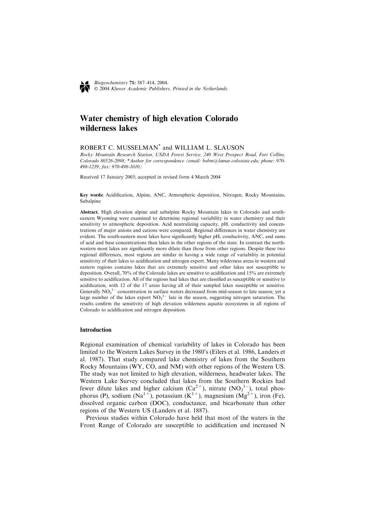 Water chemistry of high elevation Colorado wilderness lakes by Unknown