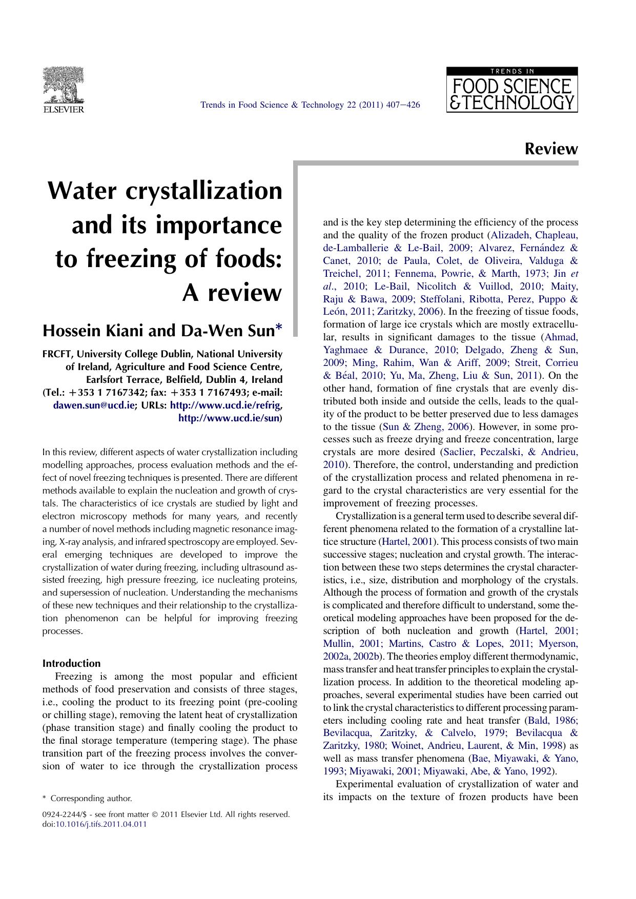 Water crystallization and its importance to freezing of foods: A review by Hossein Kiani & Da-Wen Sun