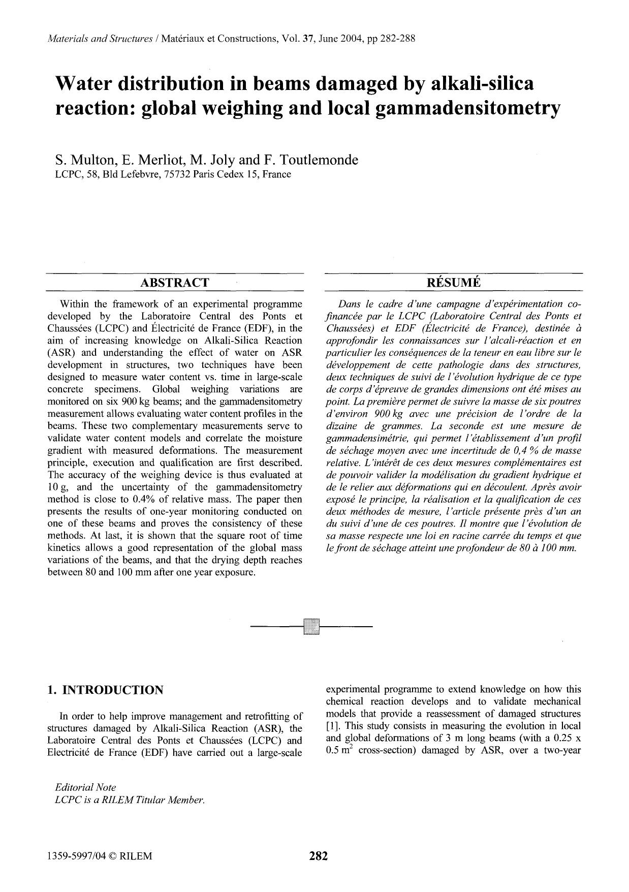 Water distribution in beams damaged by alkali-silica reaction: Global weighing and local gammadensitometry by Unknown