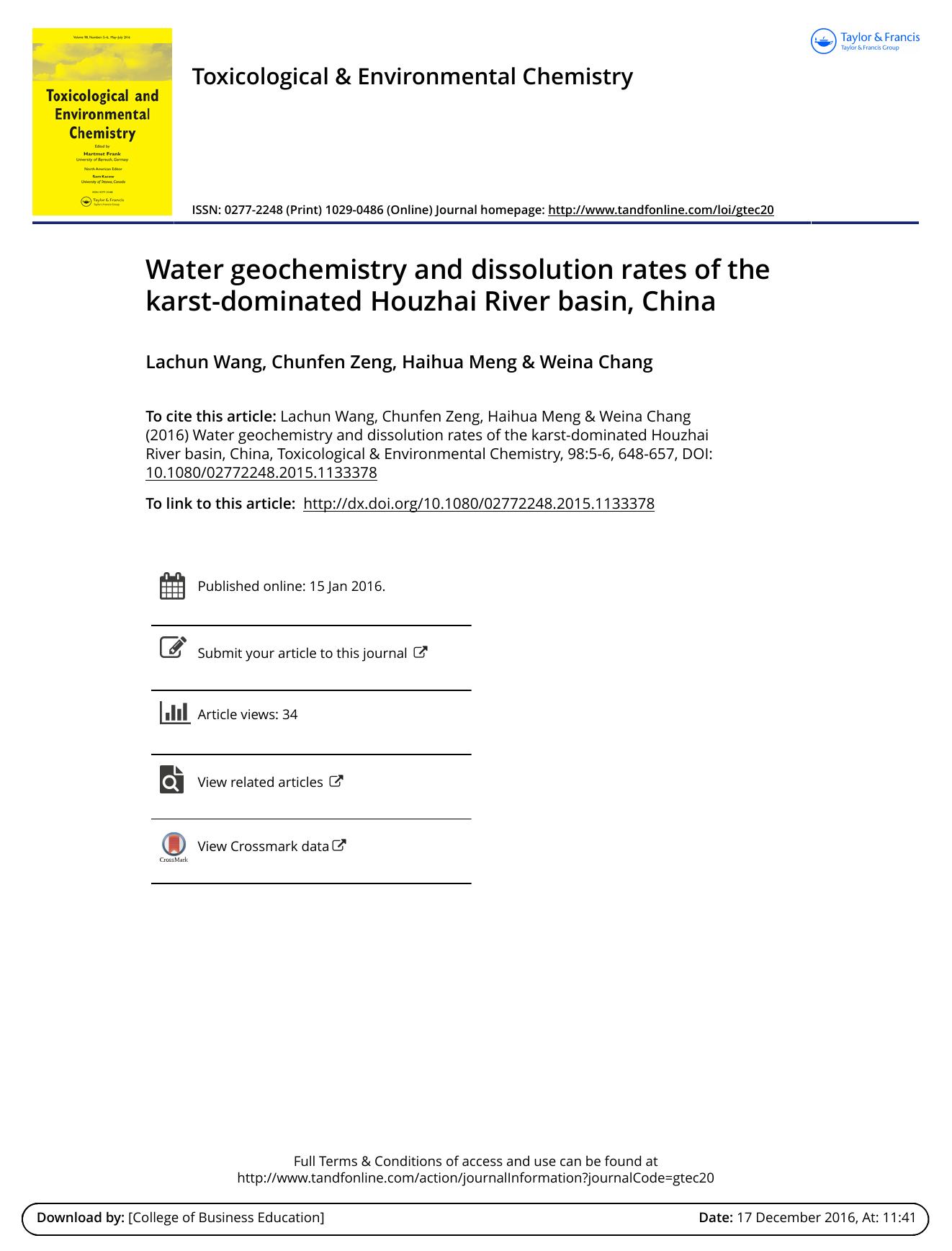 Water geochemistry and dissolution rates of the karst-dominated Houzhai River basin, China by Lachun Wang & Chunfen Zeng & Haihua Meng & Weina Chang