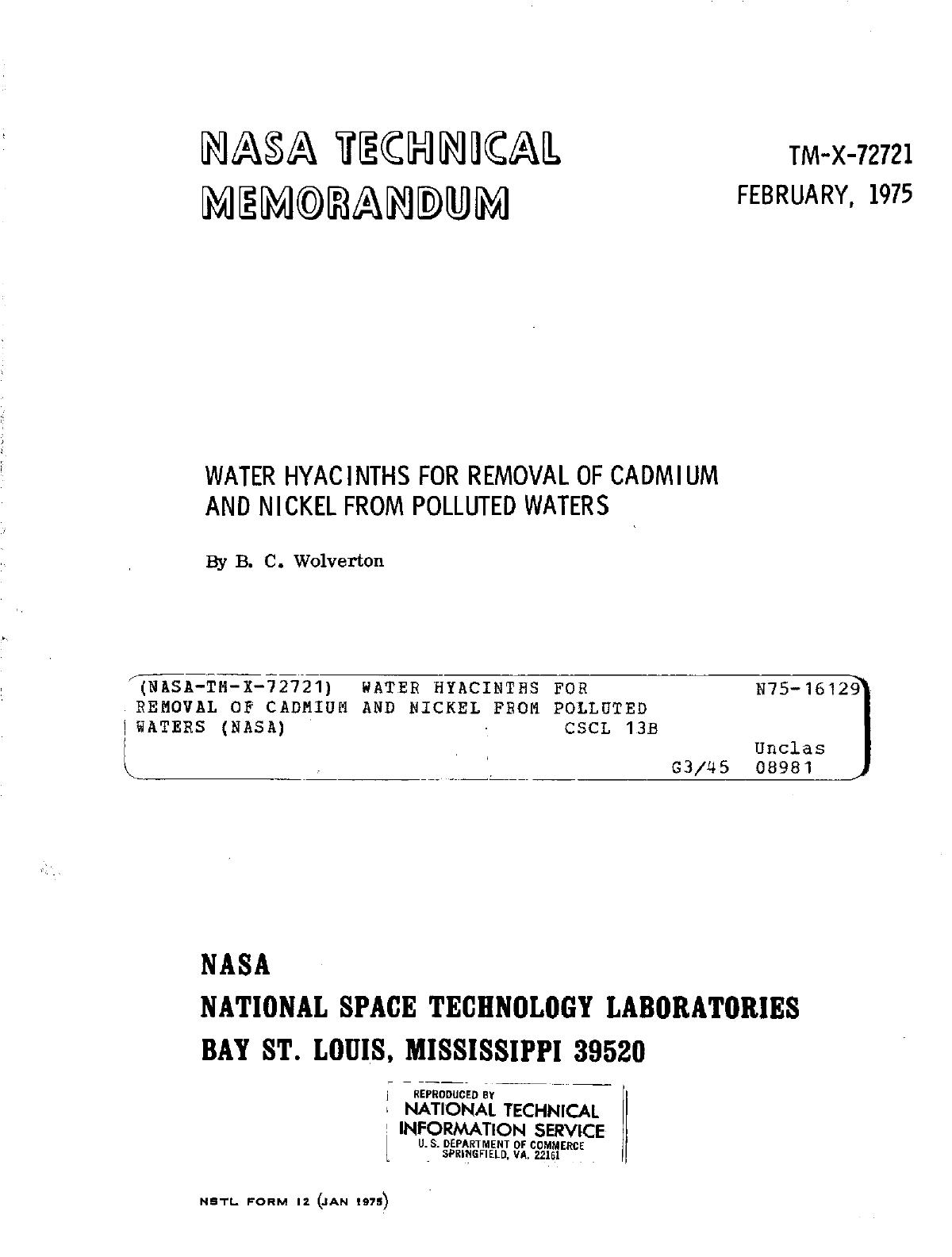 Water hyacinths for removal of cadmium and nickel from polluted waters by Unknown