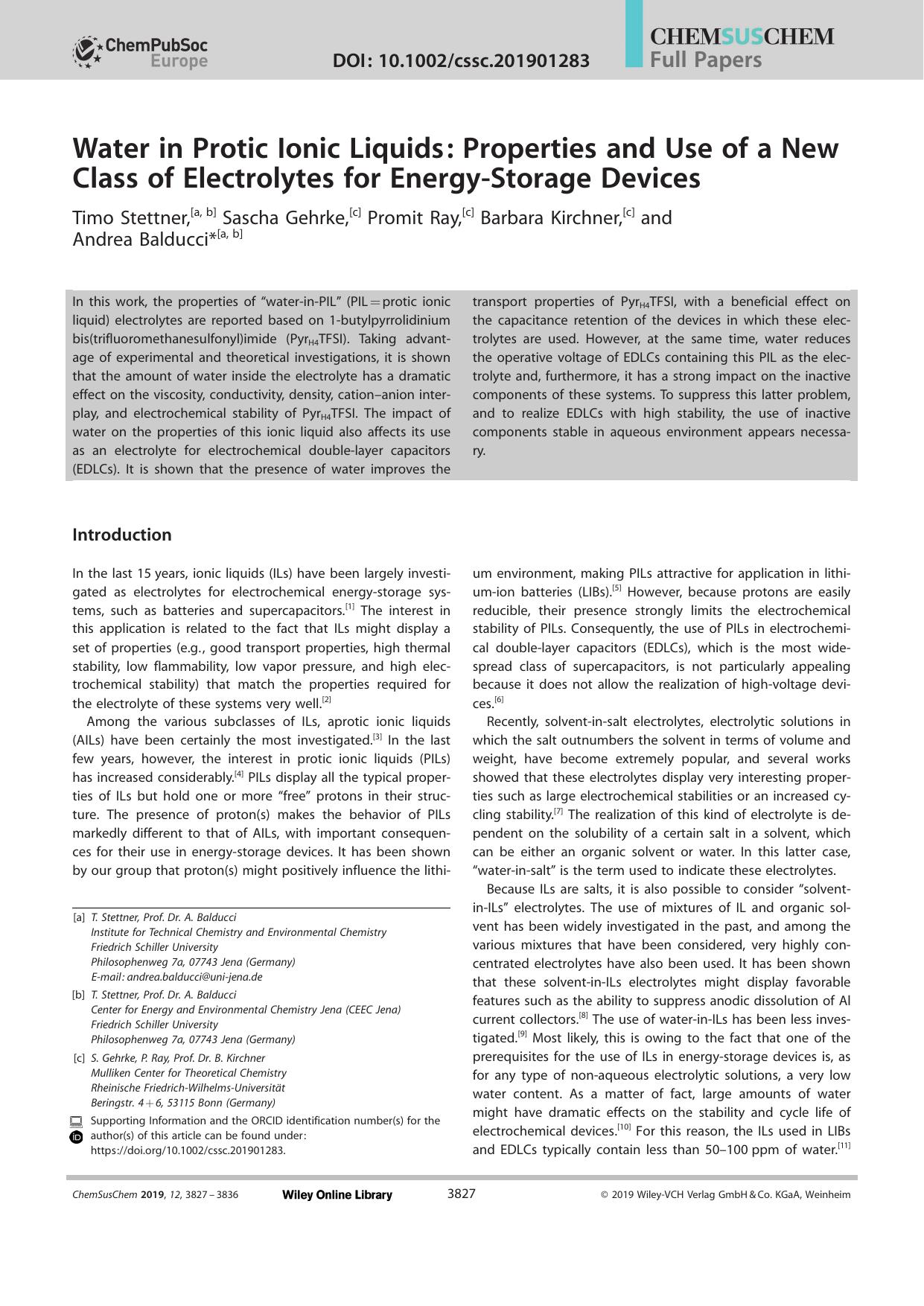 Water in Protic Ionic Liquids: Properties and Use of a New Class of Electrolytes for EnergyâStorage Devices by Unknown