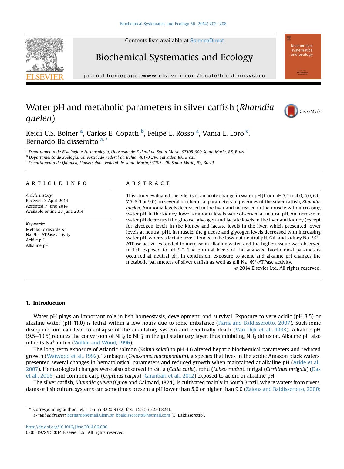 Water pH and metabolic parameters in silver catfish (Rhamdia quelen) by Keidi C.S. Bolner & Carlos E. Copatti & Felipe L. Rosso & Vania L. Loro & Bernardo Baldisserotto