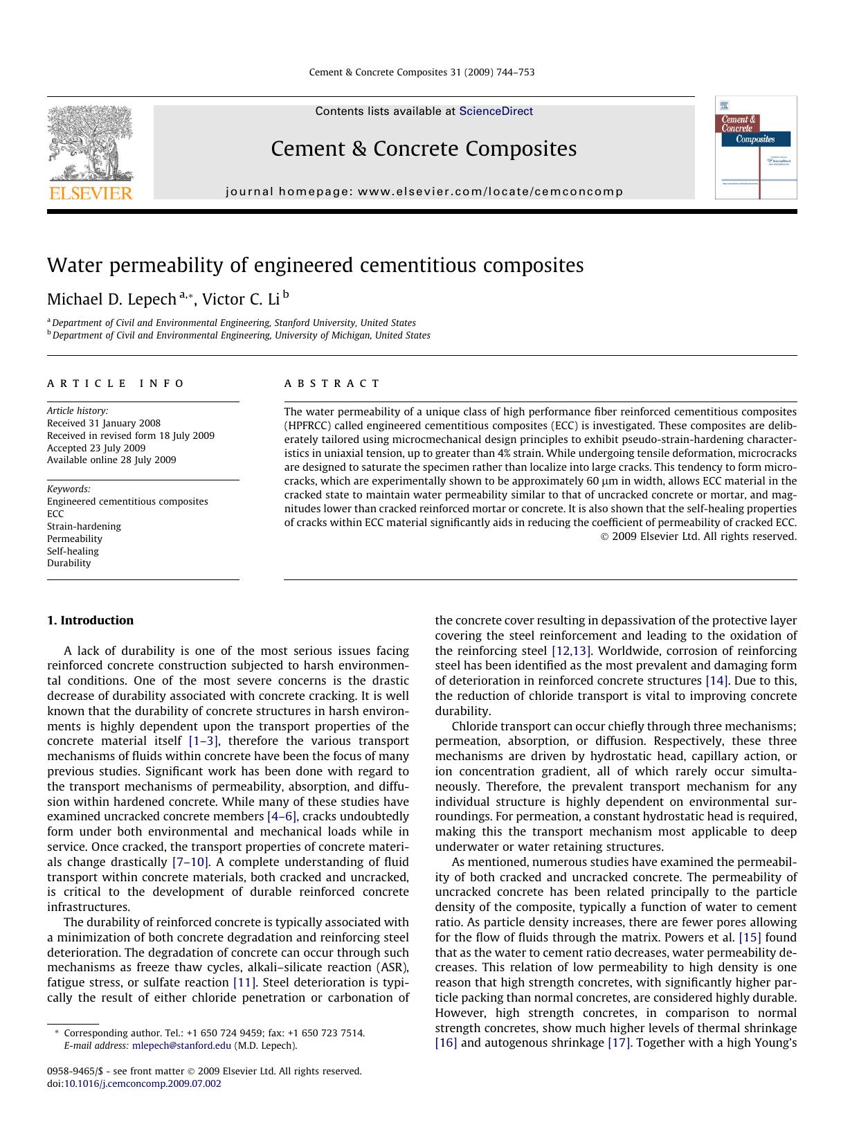 Water permeability of engineered cementitious composites by Michael D. Lepech; Victor C. Li