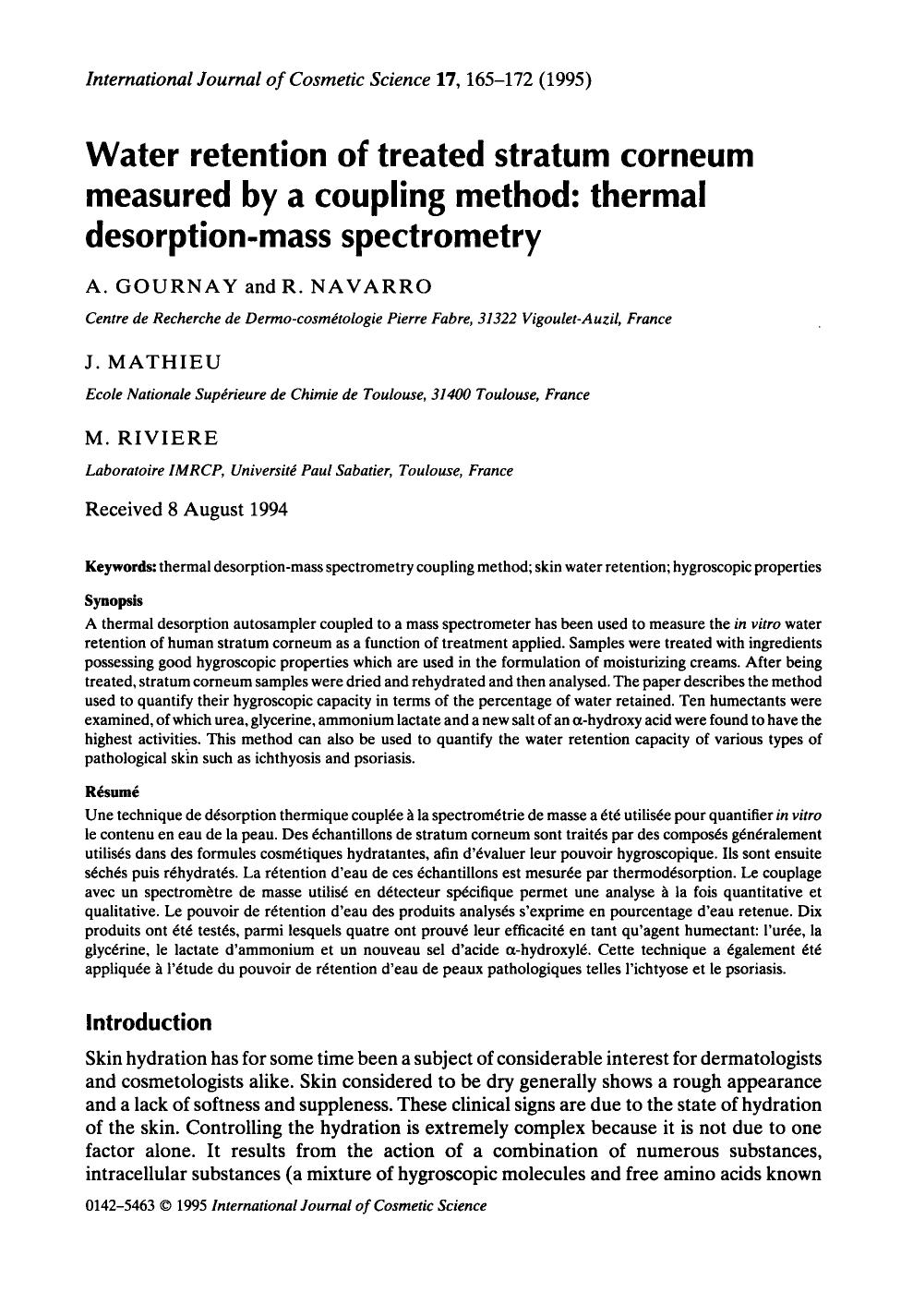 Water retention of treated stratum corneum measured by a coupling method: thermal desorption-mass spectrometry by Unknown