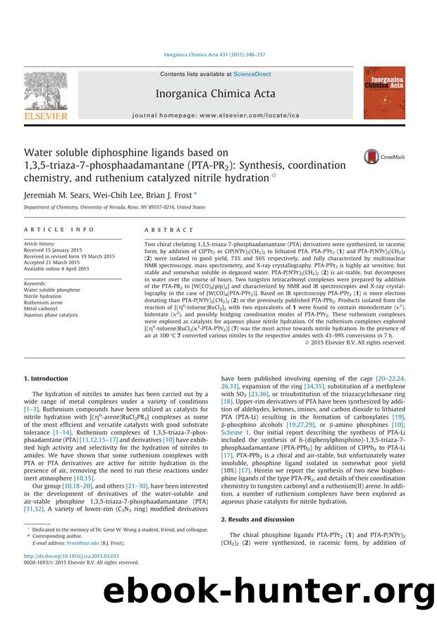 Water soluble diphosphine ligands based on 1,3,5-triaza-7-phosphaadamantane (PTA-PR2): Synthesis, coordination chemistry, and ruthenium catalyzed nitrile hydration by Jeremiah M. Sears & Wei-Chih Lee & Brian J. Frost